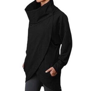 LULULEMON Black Post Savasana Cocoon Wrap Asymmetrical Cowl Neck Snaps Pockets 8